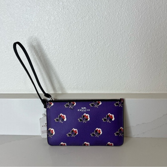 NWT Coach Bramble Rose Purple Leather Floral Print Wristlet Zip Closure - Picture 7 of 15